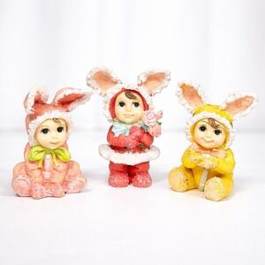 Vintage Mini Easter Bunny Babies Figurines Resin Spring Décor Pastel Set of 3